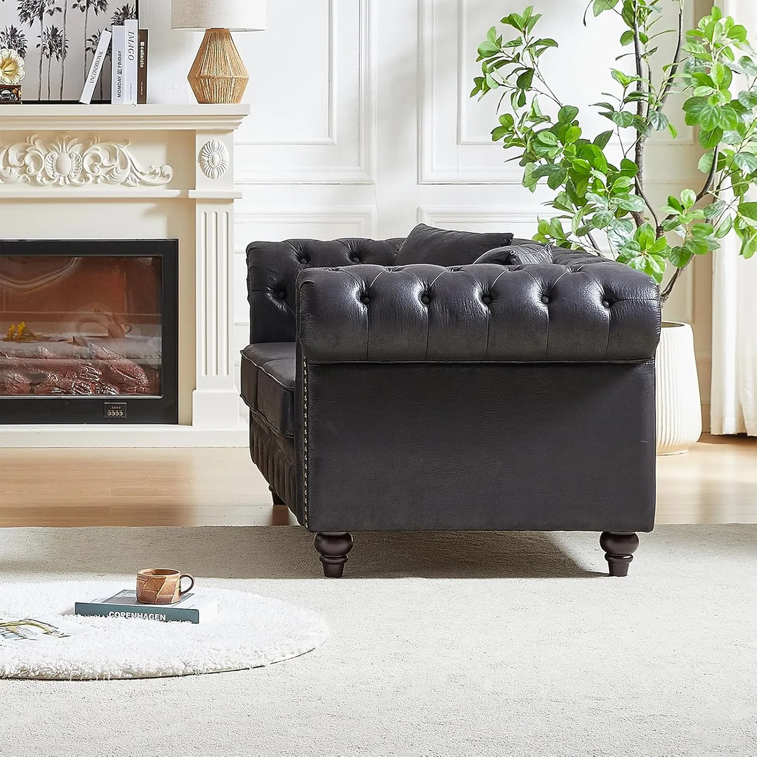 Modern Chesterfield Sofa Couch, 63.5-inch Faux Leather Loveseat Sofa with Rolled Arms and Tufted Button for Living Room, Office, Black
