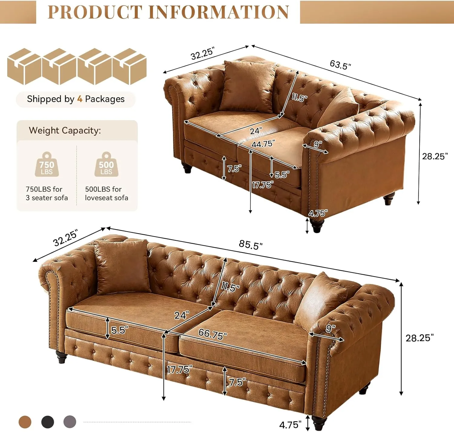 Modern Chesterfield Sofa Set for Living Room, 2 Piece Faux Leather Furniture Sets 3 Seater Couch&Loveseat Sofa with Rolled Arms and Tufted Button, Office, Brown