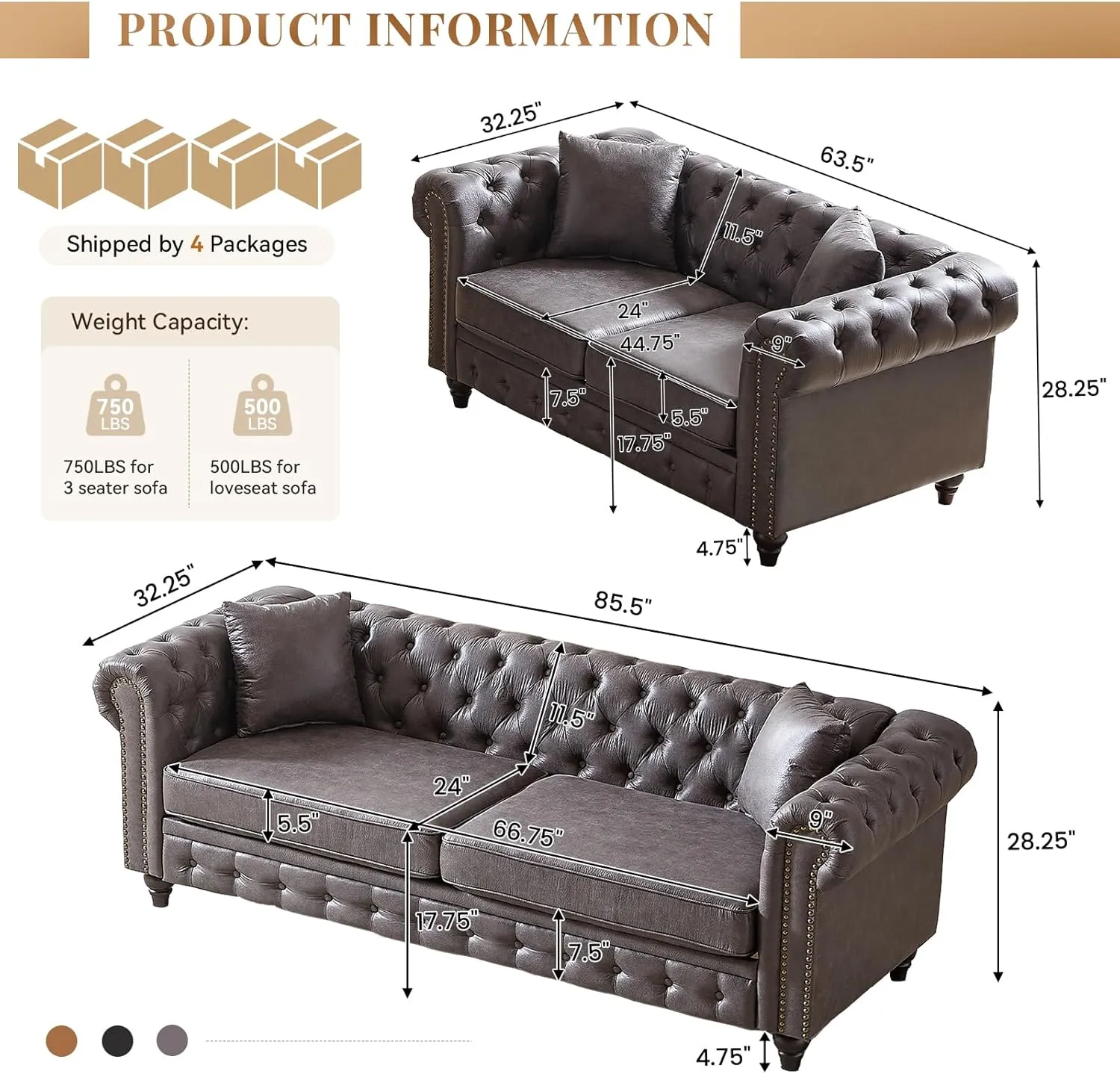 Modern Chesterfield Sofa Set for Living Room, 2 Piece Faux Leather Furniture Sets 3 Seater Couch&Loveseat Sofa with Rolled Arms and Tufted Button, Office, Grey