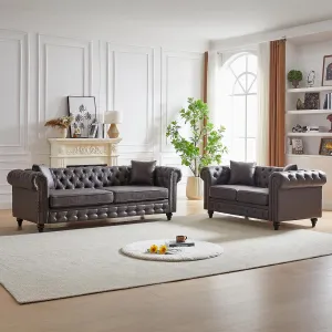 Modern Chesterfield Sofa Set for Living Room, 2 Piece Faux Leather Furniture Sets 3 Seater Couch&Loveseat Sofa with Rolled Arms and Tufted Button, Office, Grey