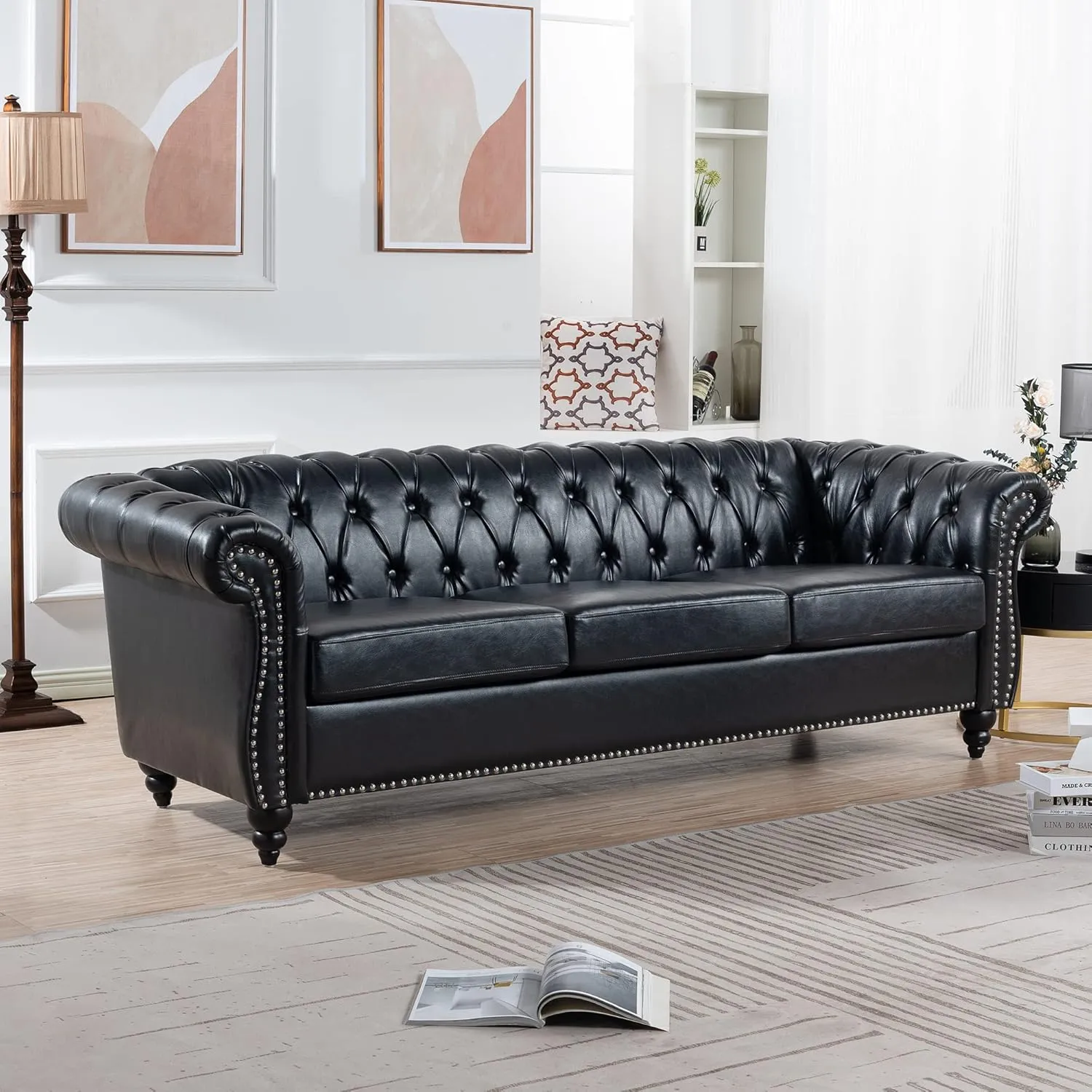 Modern Chesterfield Sofa Three Seater Couch,Faux Leather Couch with Rolled Arms,Comfy Couches for Living Room,Office,Reception Room(Black)