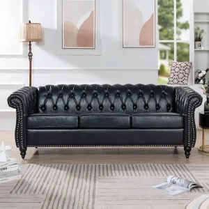 Modern Chesterfield Sofa Three Seater Couch,Faux Leather Couch with Rolled Arms,Comfy Couches for Living Room,Office,Reception Room(Black)