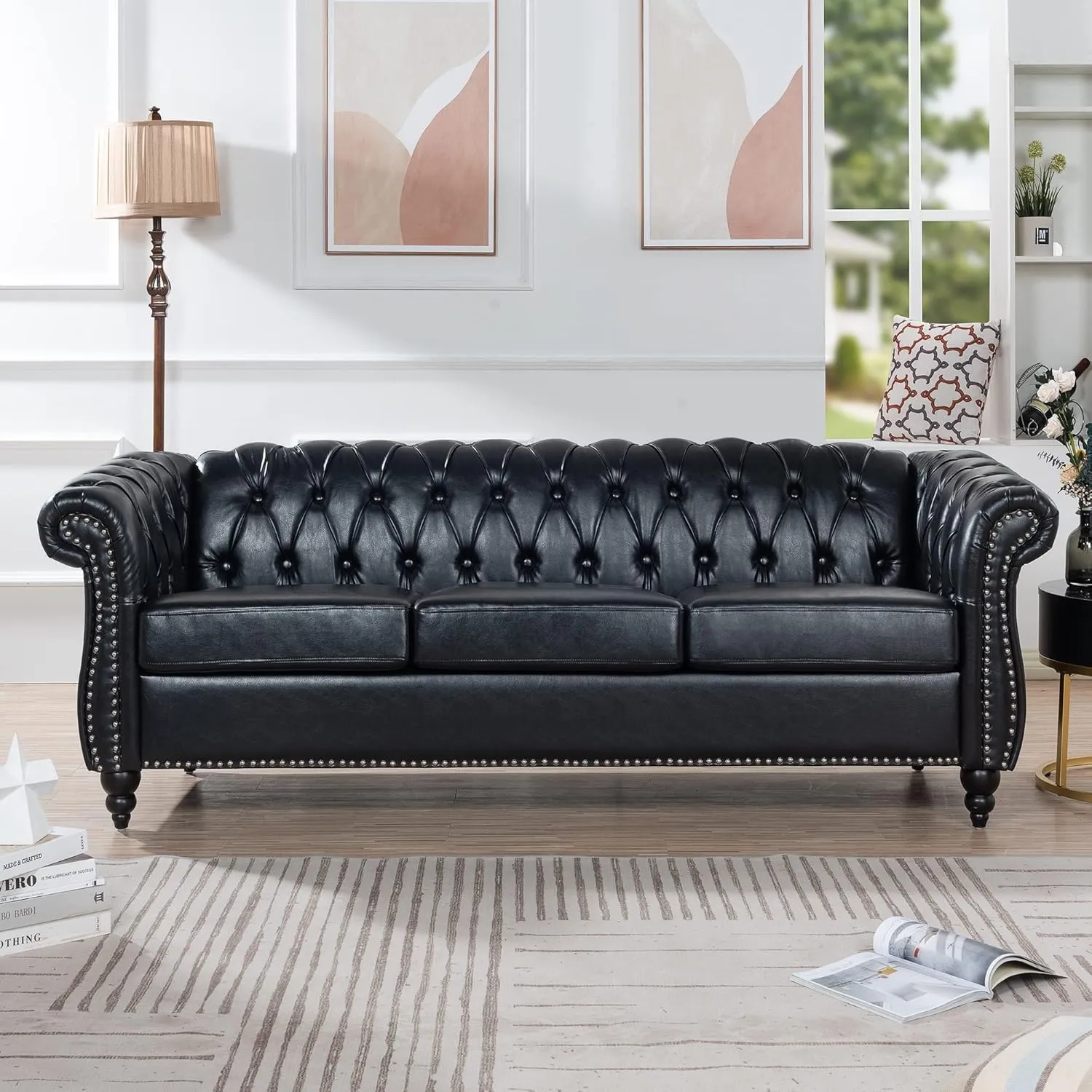Modern Chesterfield Sofa Three Seater Couch,Faux Leather Couch with Rolled Arms,Comfy Couches for Living Room,Office,Reception Room(Black)