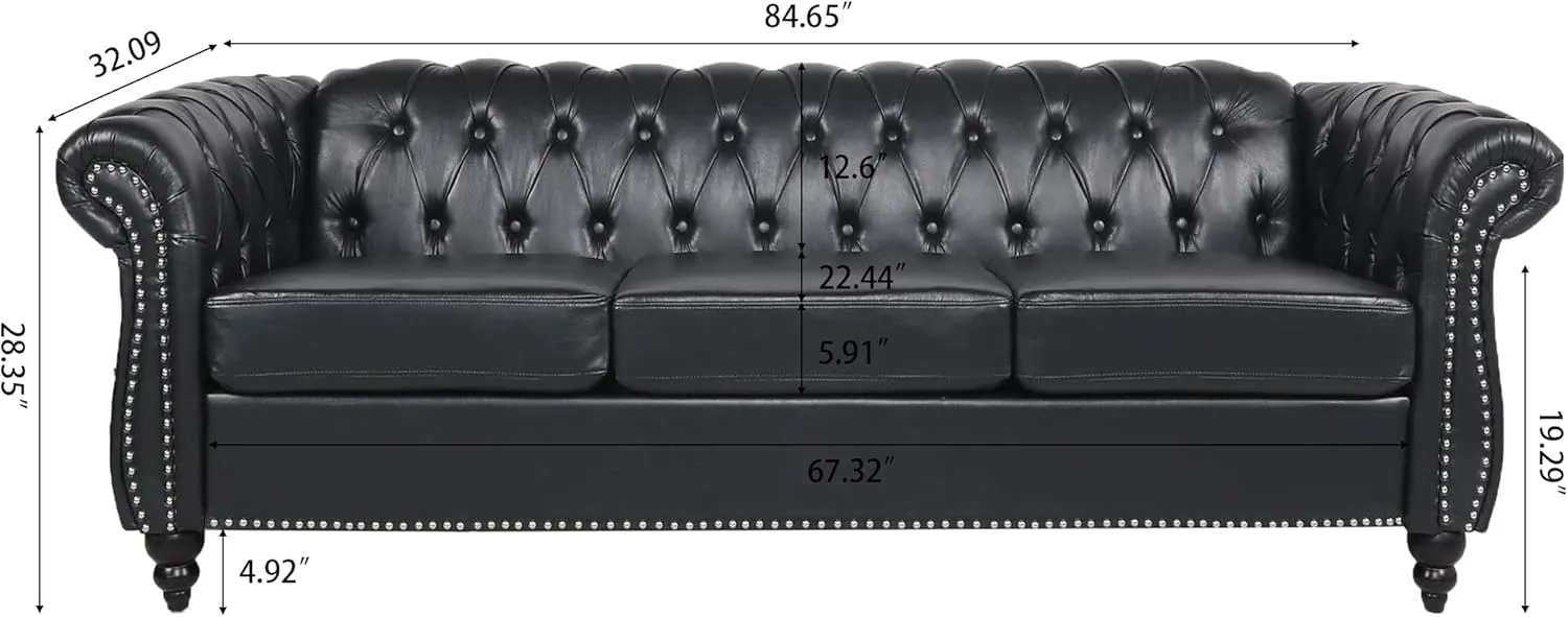 Modern Chesterfield Sofa Three Seater Couch,Faux Leather Couch with Rolled Arms,Comfy Couches for Living Room,Office,Reception Room(Black)