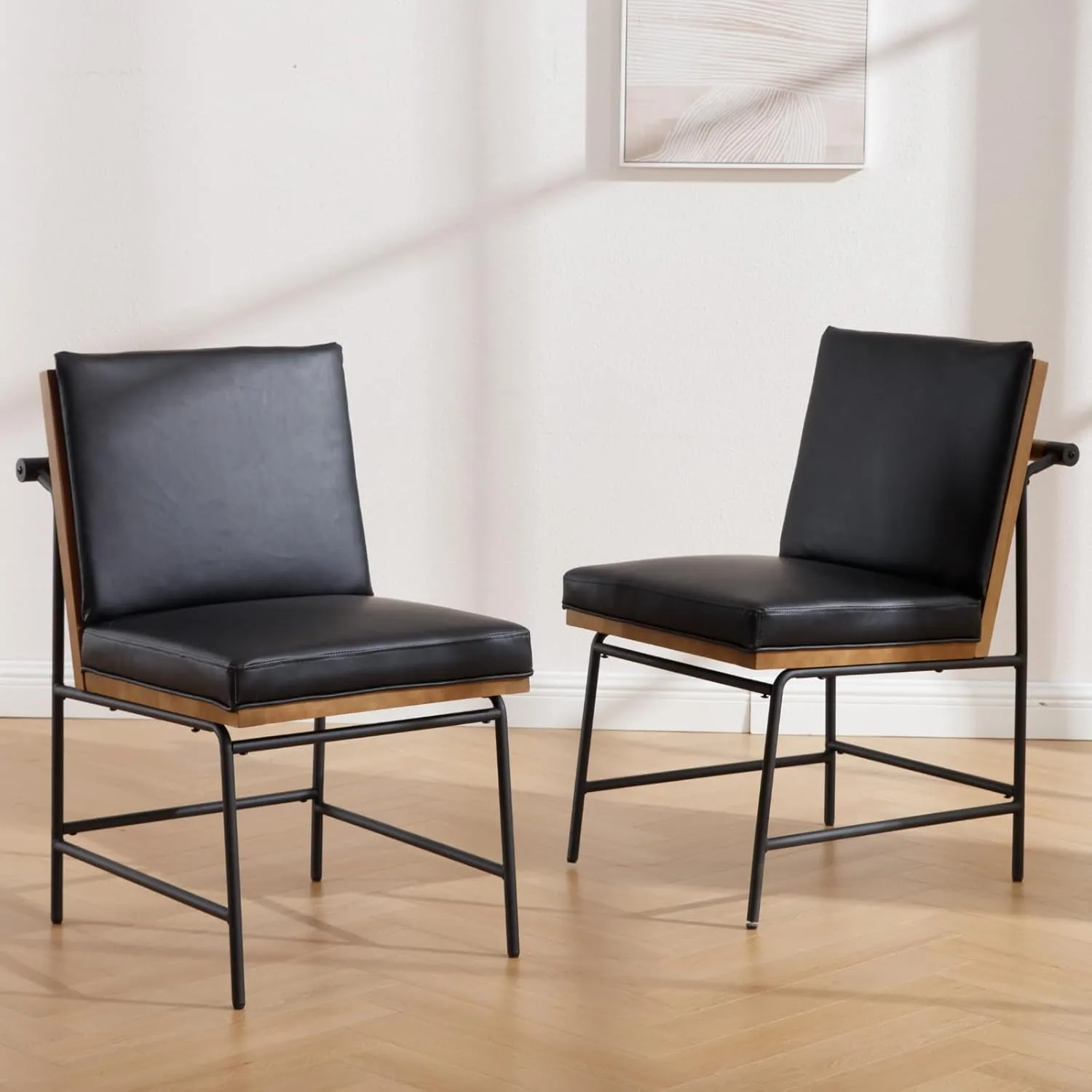 Modern Dining Chairs Set of 6, Comfy PU Leather Armless Side Chairs with Backrest Wooden Upholstered Seat Black Metal Legs for Dining Room Living Room, Black