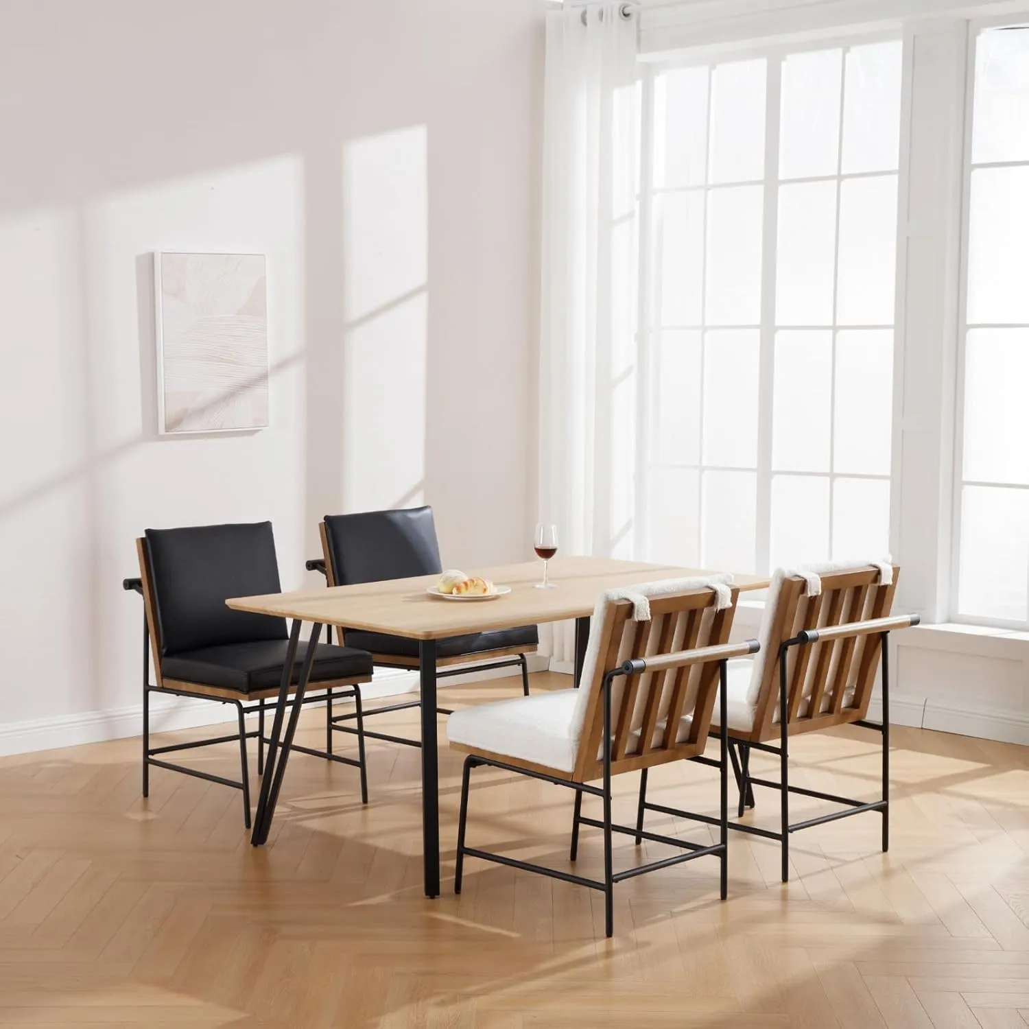 Modern Dining Chairs Set of 6, Comfy PU Leather Armless Side Chairs with Backrest Wooden Upholstered Seat Black Metal Legs for Dining Room Living Room, Black