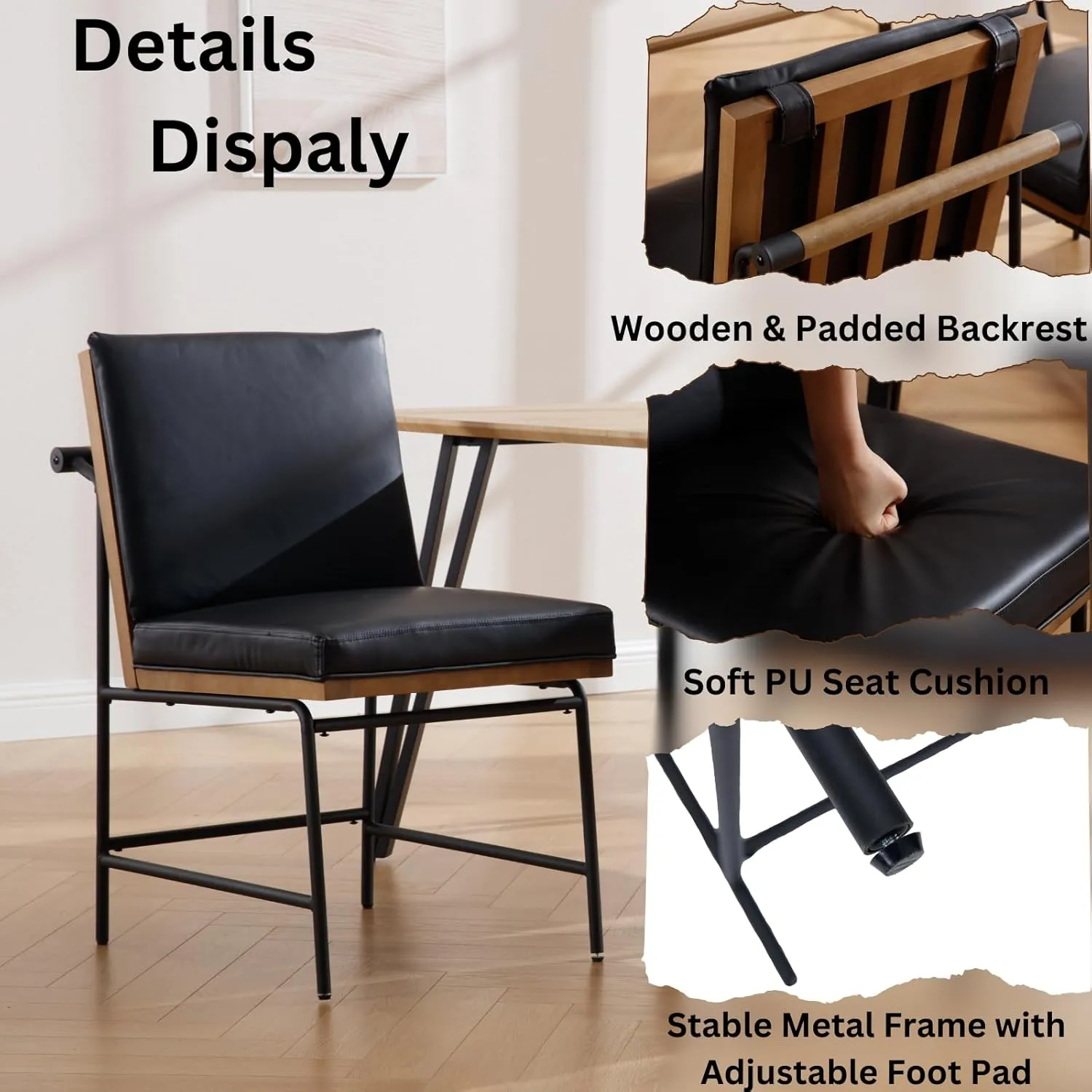 Modern Dining Chairs Set of 6, Comfy PU Leather Armless Side Chairs with Backrest Wooden Upholstered Seat Black Metal Legs for Dining Room Living Room, Black