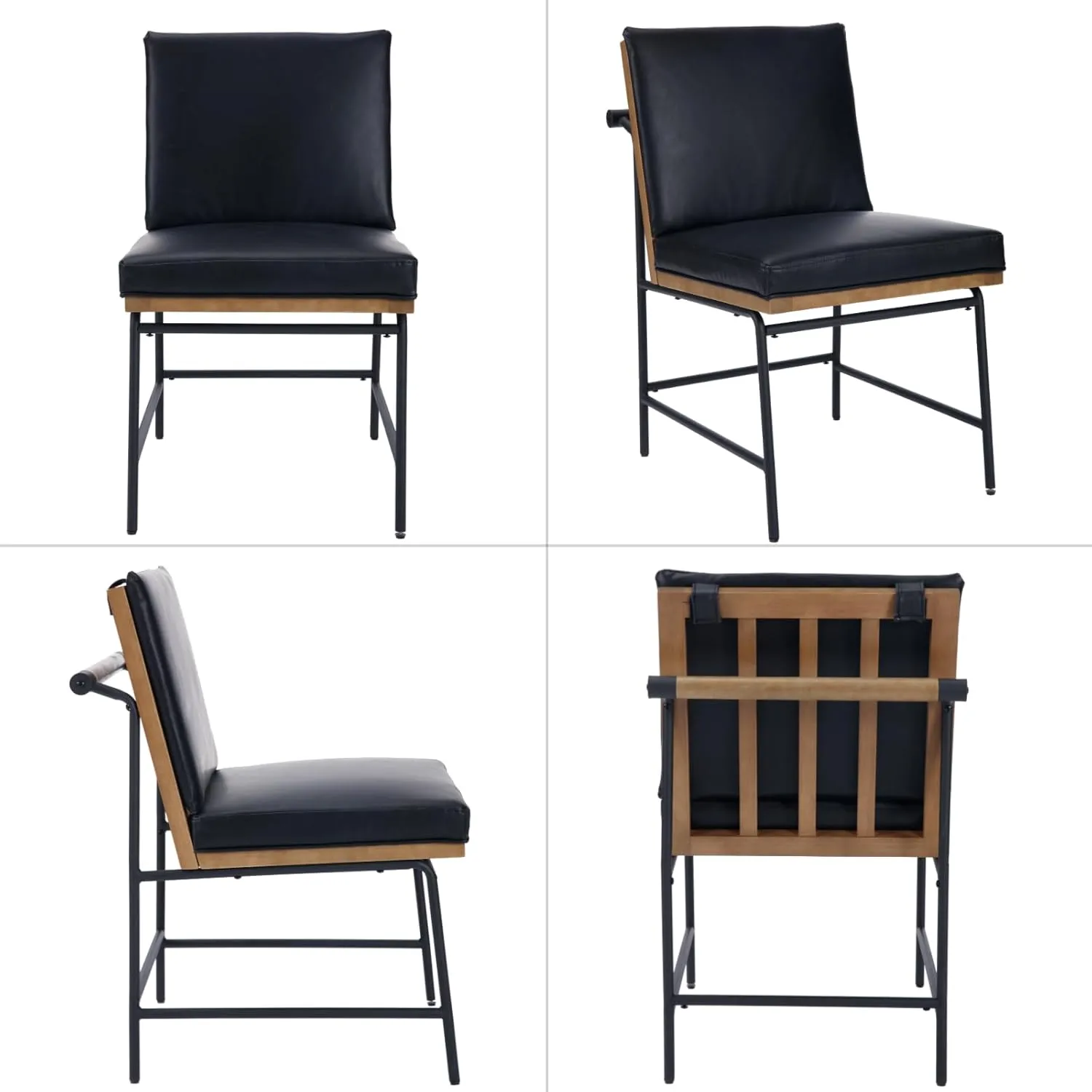 Modern Dining Chairs Set of 6, Comfy PU Leather Armless Side Chairs with Backrest Wooden Upholstered Seat Black Metal Legs for Dining Room Living Room, Black