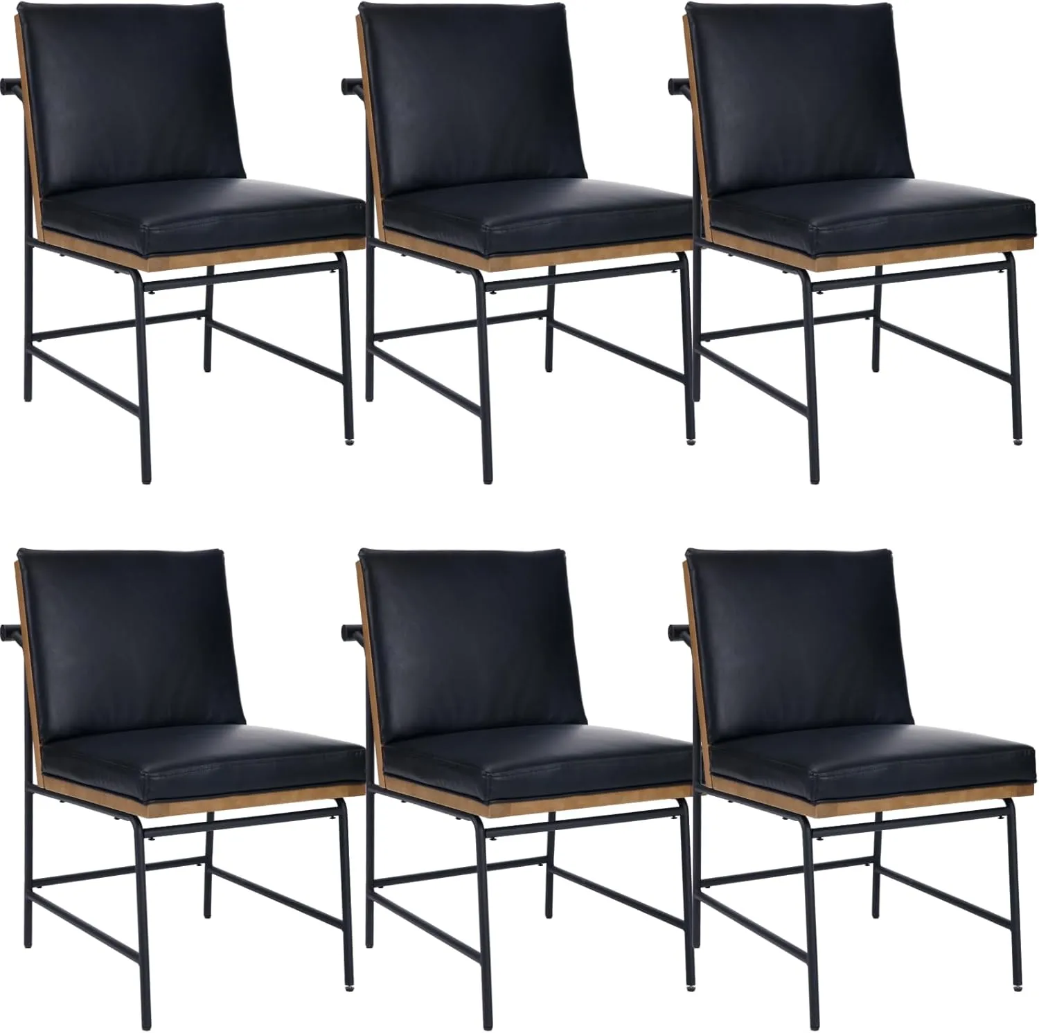 Modern Dining Chairs Set of 6, Comfy PU Leather Armless Side Chairs with Backrest Wooden Upholstered Seat Black Metal Legs for Dining Room Living Room, Black