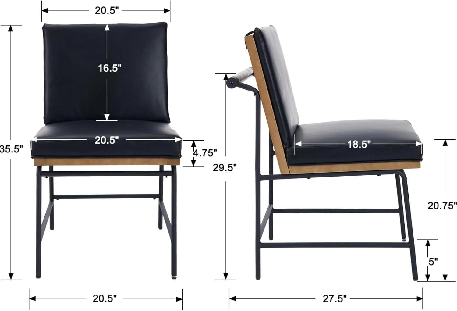 Modern Dining Chairs Set of 6, Comfy PU Leather Armless Side Chairs with Backrest Wooden Upholstered Seat Black Metal Legs for Dining Room Living Room, Black