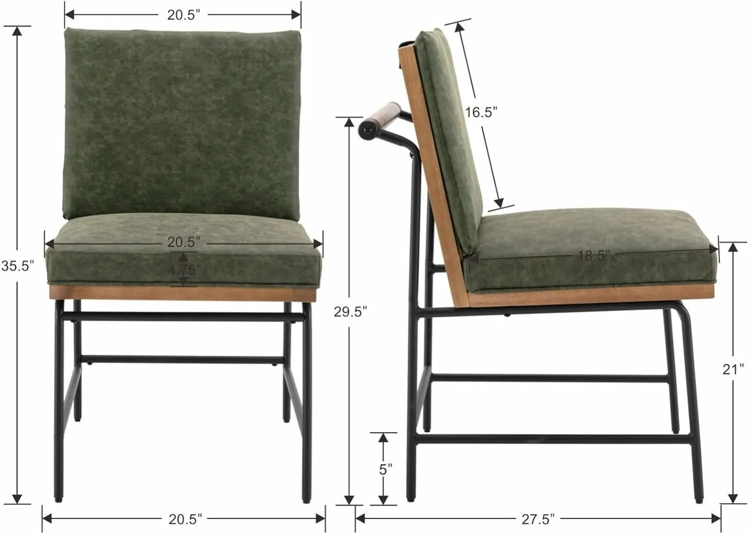 Modern Dining Chairs Set of 6, Comfy PU Leather Armless Side Chairs with Backrest Wooden Upholstered Seat Black Metal Legs for Dining Room Living Room, Green