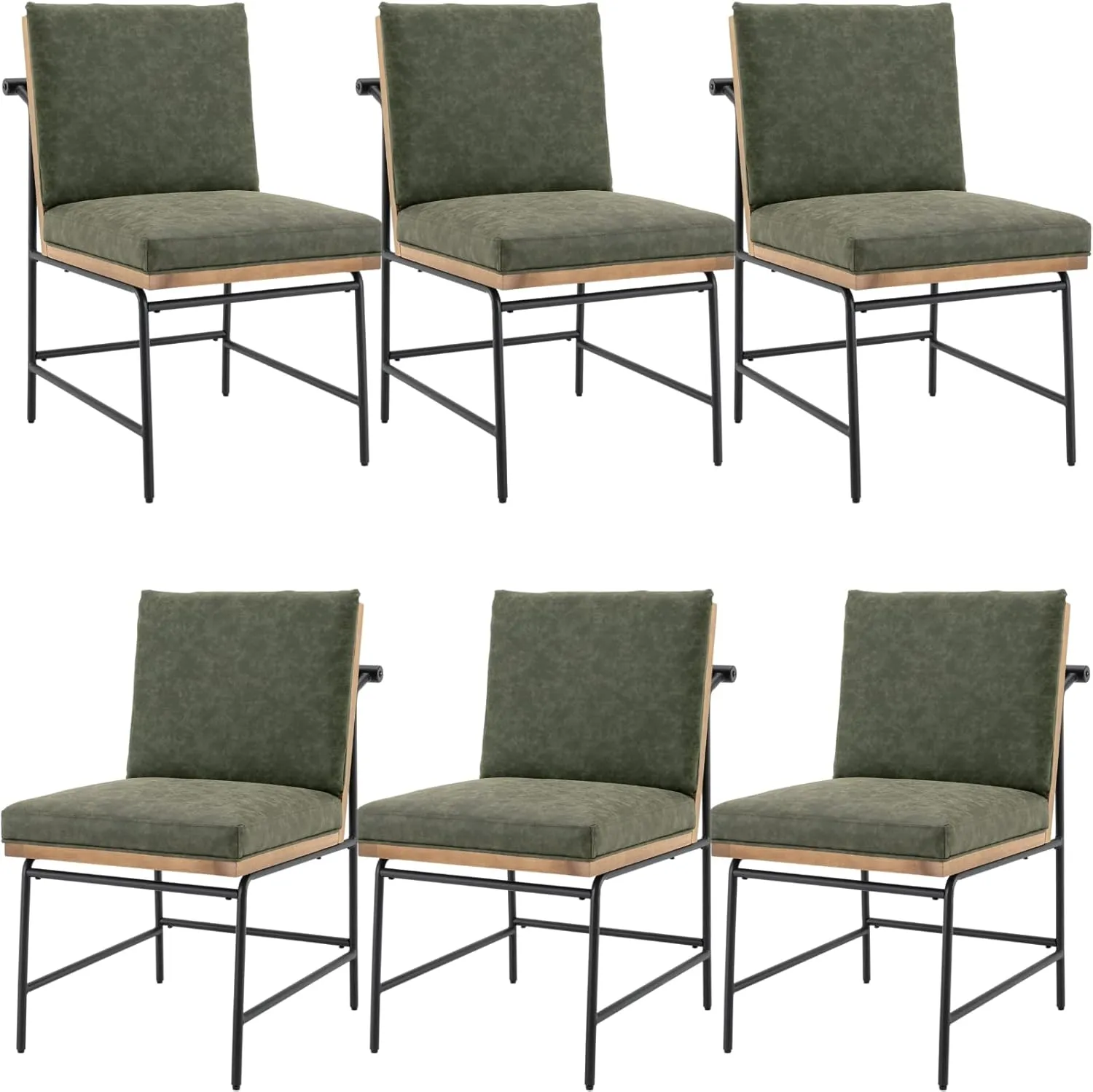 Modern Dining Chairs Set of 6, Comfy PU Leather Armless Side Chairs with Backrest Wooden Upholstered Seat Black Metal Legs for Dining Room Living Room, Green