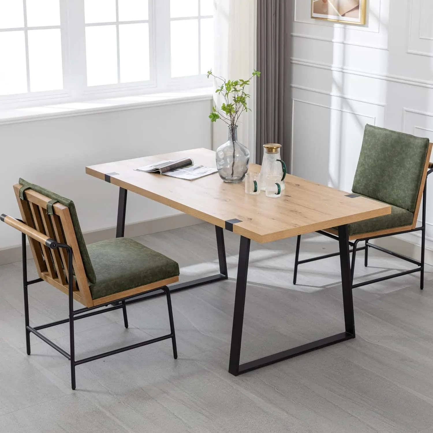 Modern Dining Chairs Set of 6, Comfy PU Leather Armless Side Chairs with Backrest Wooden Upholstered Seat Black Metal Legs for Dining Room Living Room, Green