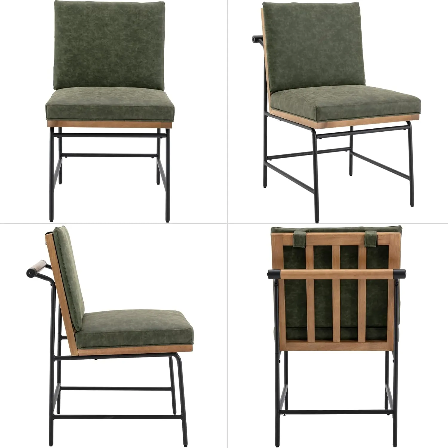 Modern Dining Chairs Set of 6, Comfy PU Leather Armless Side Chairs with Backrest Wooden Upholstered Seat Black Metal Legs for Dining Room Living Room, Green