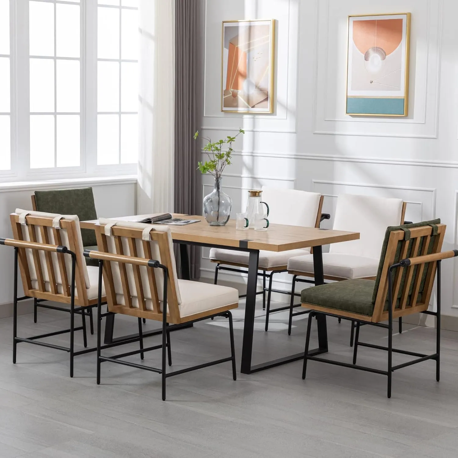 Modern Dining Chairs Set of 6, Comfy PU Leather Side Chairs Upholstered with Backrest Black Metal Legs for Dining Room Living Room, Beige