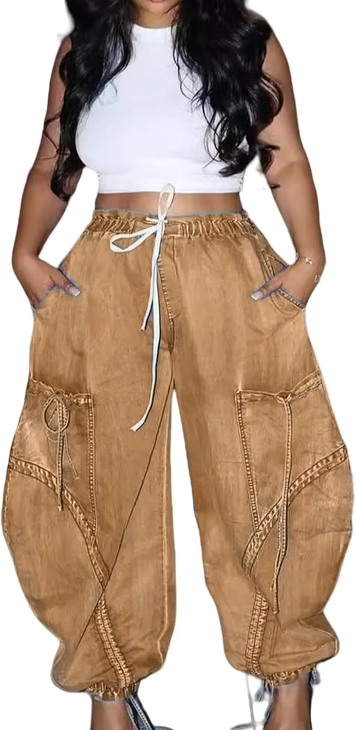 Molisry Women's Drawstring Wide Leg Jeans High Wasited Y2K Harem Baggy Pants Denim Casual Streetwear