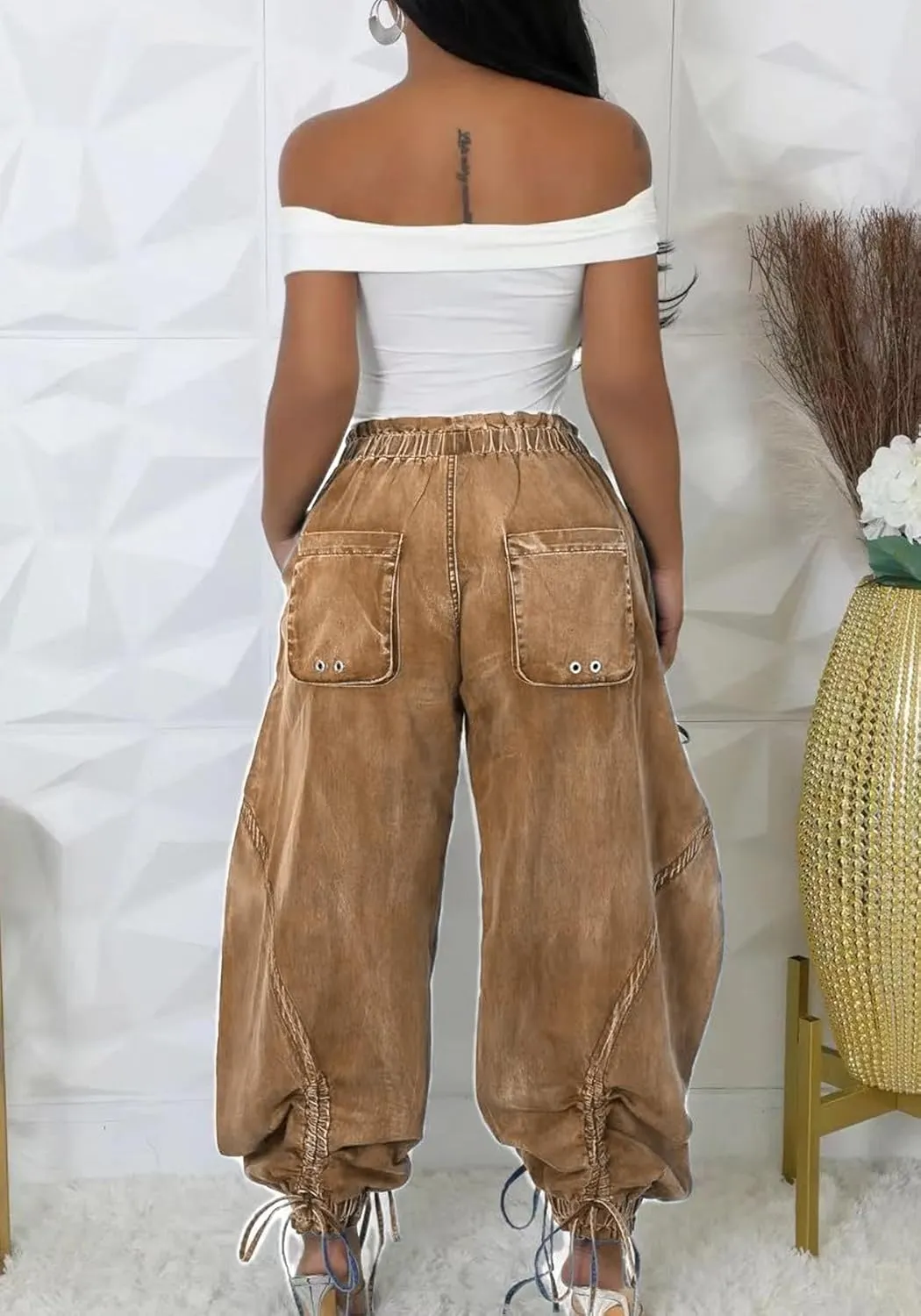 Molisry Women's Drawstring Wide Leg Jeans High Wasited Y2K Harem Baggy Pants Denim Casual Streetwear