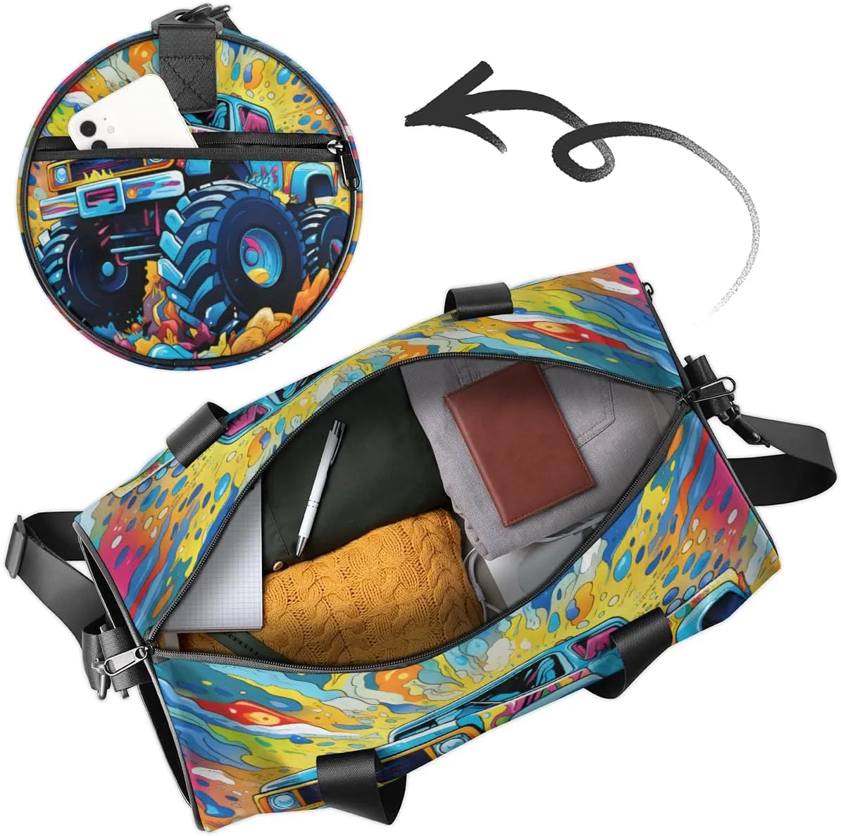 Monsters Truck Car Pattern Personalized Dance Bags, Monsters Truck Car Pattern Custom Sport Duffel Bag Travel Duffle Bag Overnight Weekender Bag