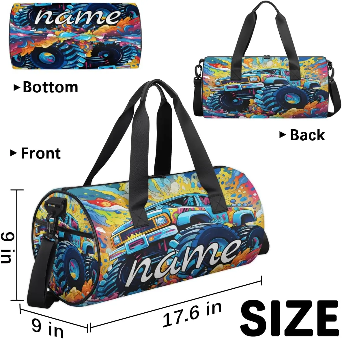 Monsters Truck Car Pattern Personalized Dance Bags, Monsters Truck Car Pattern Custom Sport Duffel Bag Travel Duffle Bag Overnight Weekender Bag