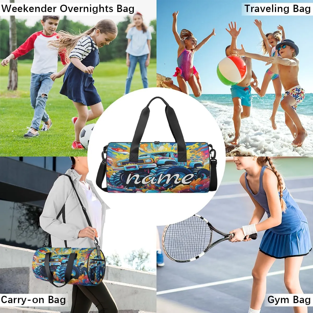 Monsters Truck Car Pattern Personalized Dance Bags, Monsters Truck Car Pattern Custom Sport Duffel Bag Travel Duffle Bag Overnight Weekender Bag