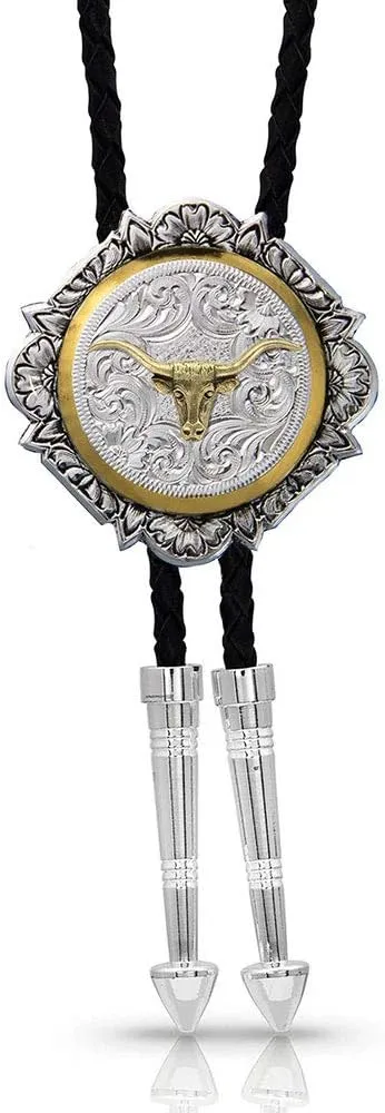 Montana Silversmiths Longhorn Bright Cut Engraved Western Bolo Tie