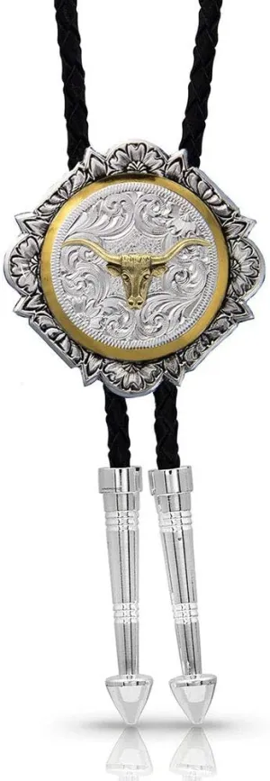 Montana Silversmiths Longhorn Bright Cut Engraved Western Bolo Tie
