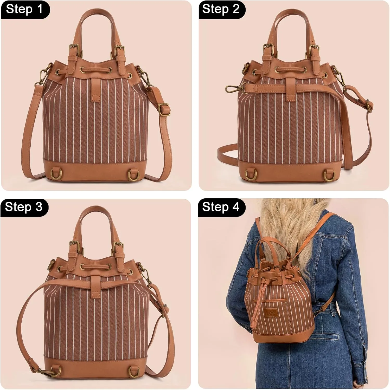 Montana West x Lee 3-in-1 Convertible Purses for Women – Drawstring Bucket Bag, Crossbody Bag & Backpack Purse