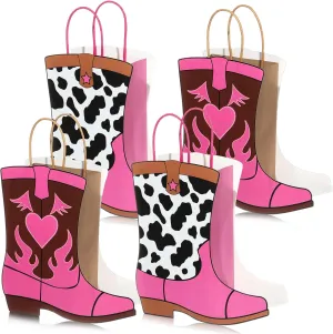 Mooliwe 16 pcs Western Cowboy Cowgirl Boots Gift Paper Bags with Cow Pattern Western Party Favor Bag Wild West Kraft Paper Bag Bachelor Party Theme Last Rodeo Party Supplies Cowboy Party Favors (Pink)
