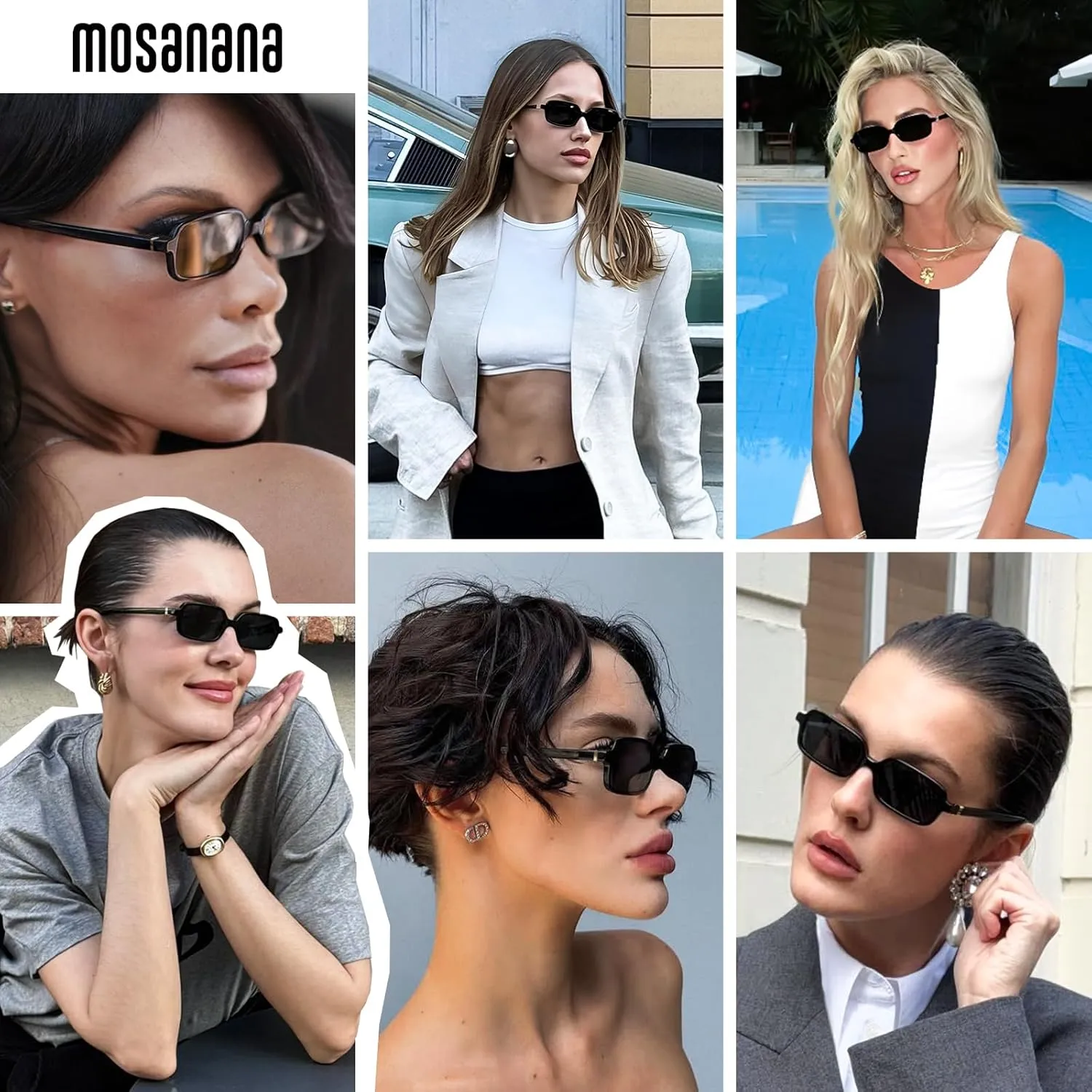 mosanana Trendy Rectangle Sunglasses for Women Retro 90s Style Small Narrow MS52479