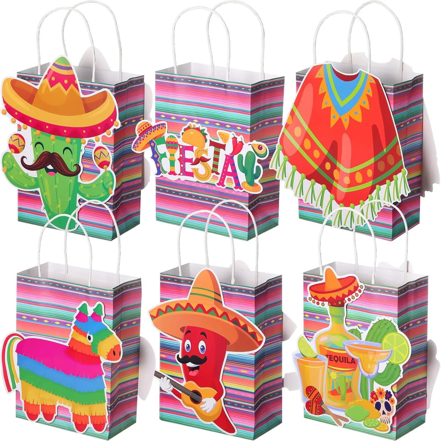 MotiMind 24 Pcs Mexico Fiesta Party Paper Bags with Handles Cinco De Mayo Candy Treat Goodie Gift Bags for Mexico Party Favors Fiesta Supplies