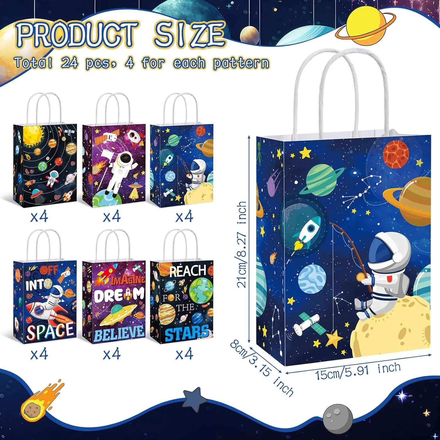MotiMind 24 Pcs Outer Space Party Bags Outer Space Party Favors Bags with Handle Outer Space Paper Candy Treat Goodie Bag for Birthday Holiday Party Decorations for Kids