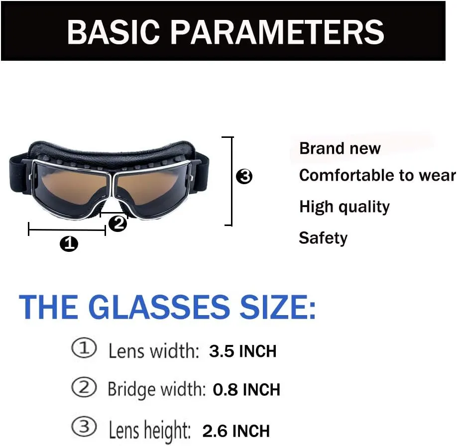 Motorcycle Goggles Vintage Pilot Leather Riding Glasses Scooter ATV Off-Road Anti-Scratch Dust Proof Eyewear for Men Women Adult