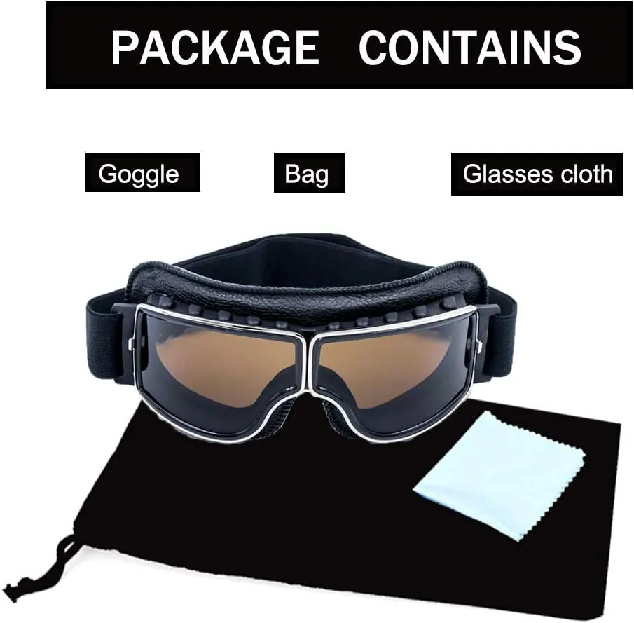 Motorcycle Goggles Vintage Pilot Leather Riding Glasses Scooter ATV Off-Road Anti-Scratch Dust Proof Eyewear for Men Women Adult
