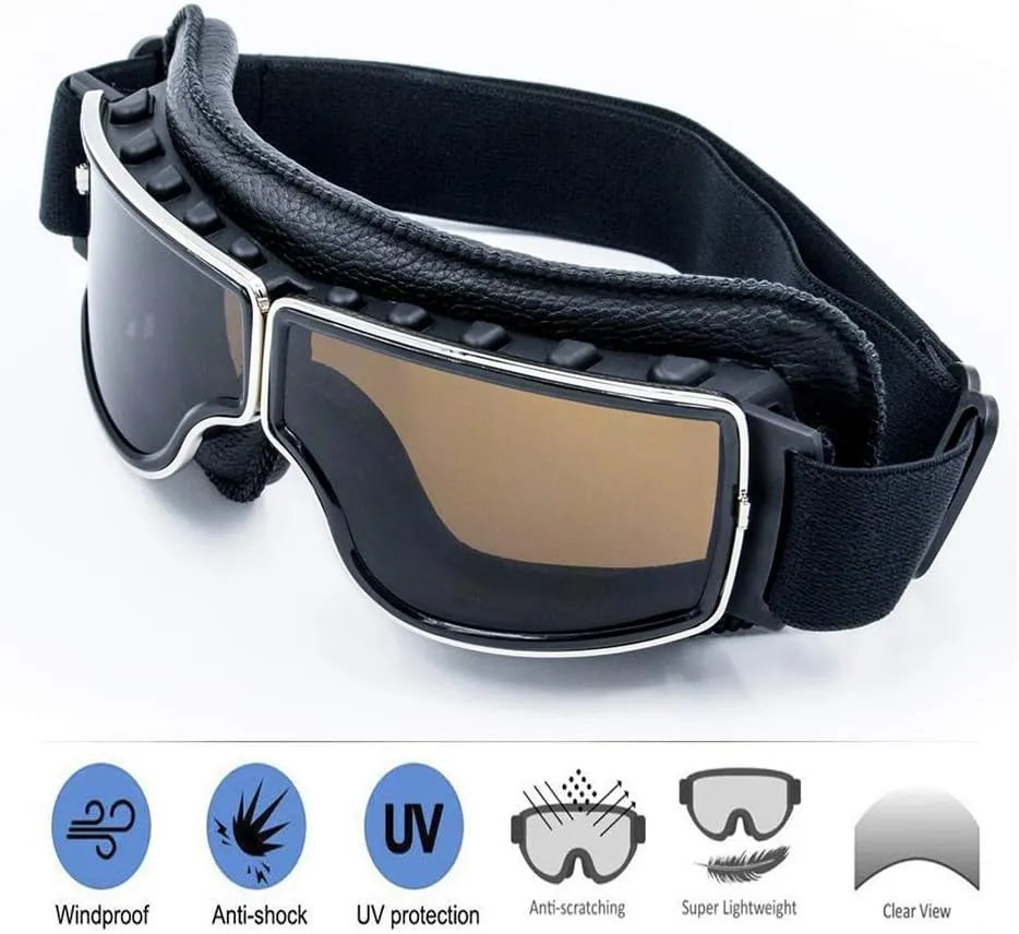 Motorcycle Goggles Vintage Pilot Leather Riding Glasses Scooter ATV Off-Road Anti-Scratch Dust Proof Eyewear for Men Women Adult