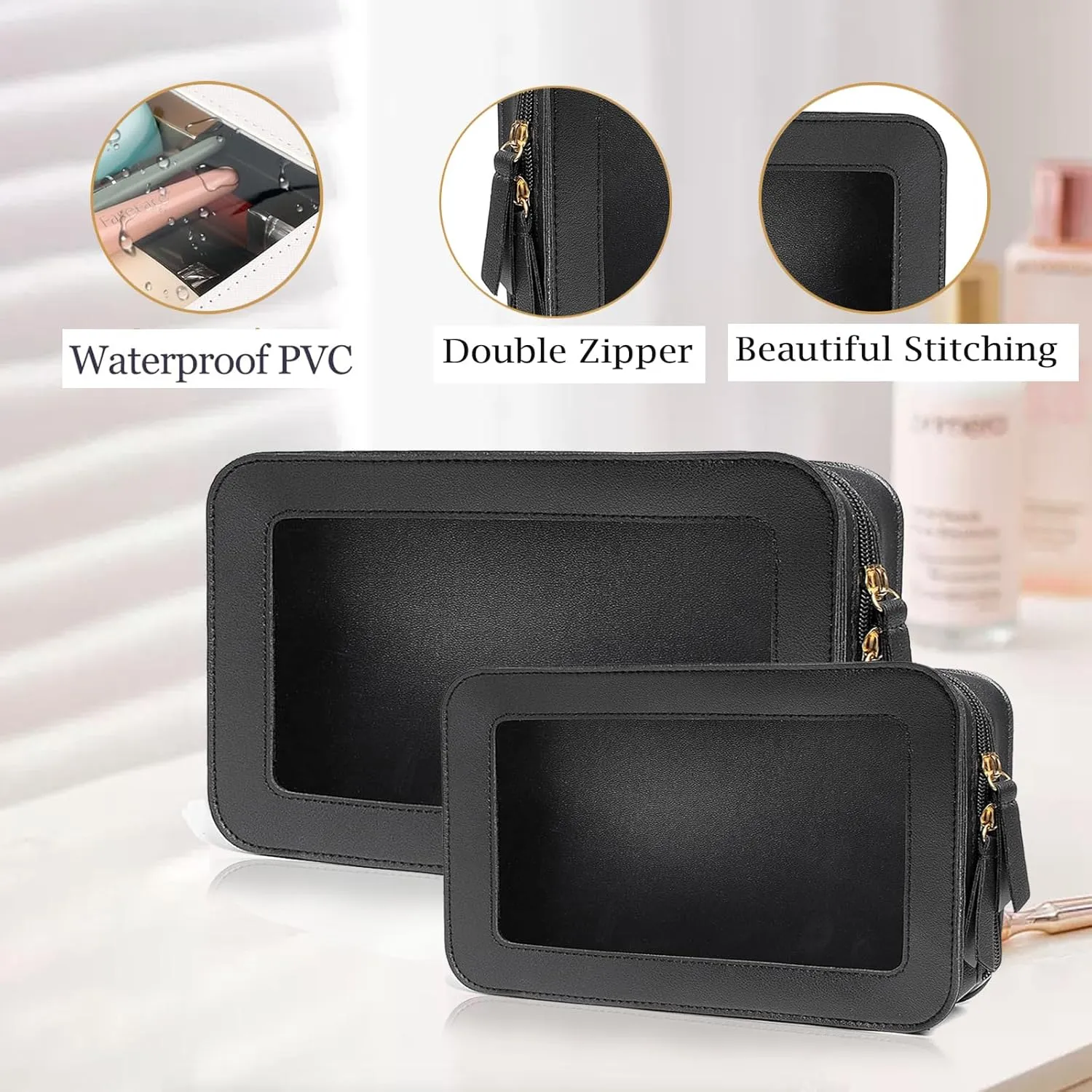 Multipurpose Travel Toiletry Bag - Clear Cosmetic Organizer with Zipper, Fit Carry-on Essentials - 2 Pack (BLACK)