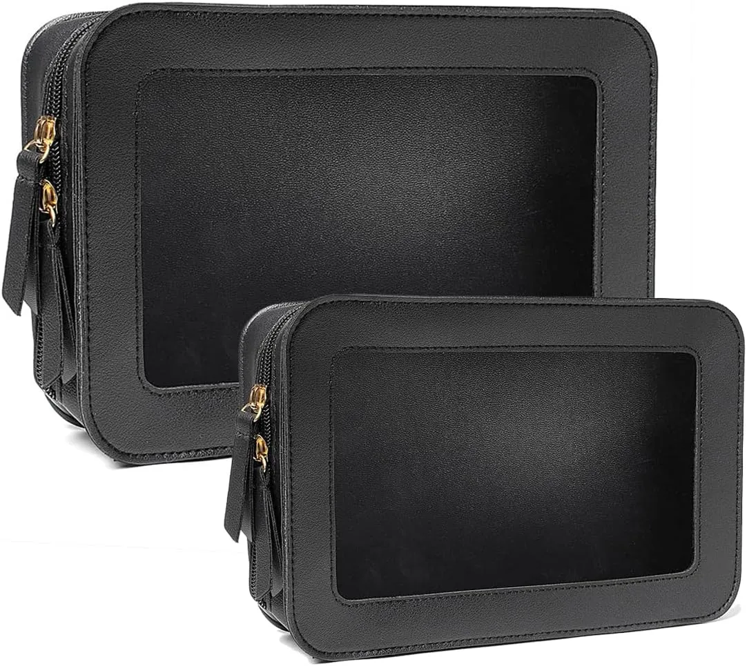 Multipurpose Travel Toiletry Bag - Clear Cosmetic Organizer with Zipper, Fit Carry-on Essentials - 2 Pack (BLACK)