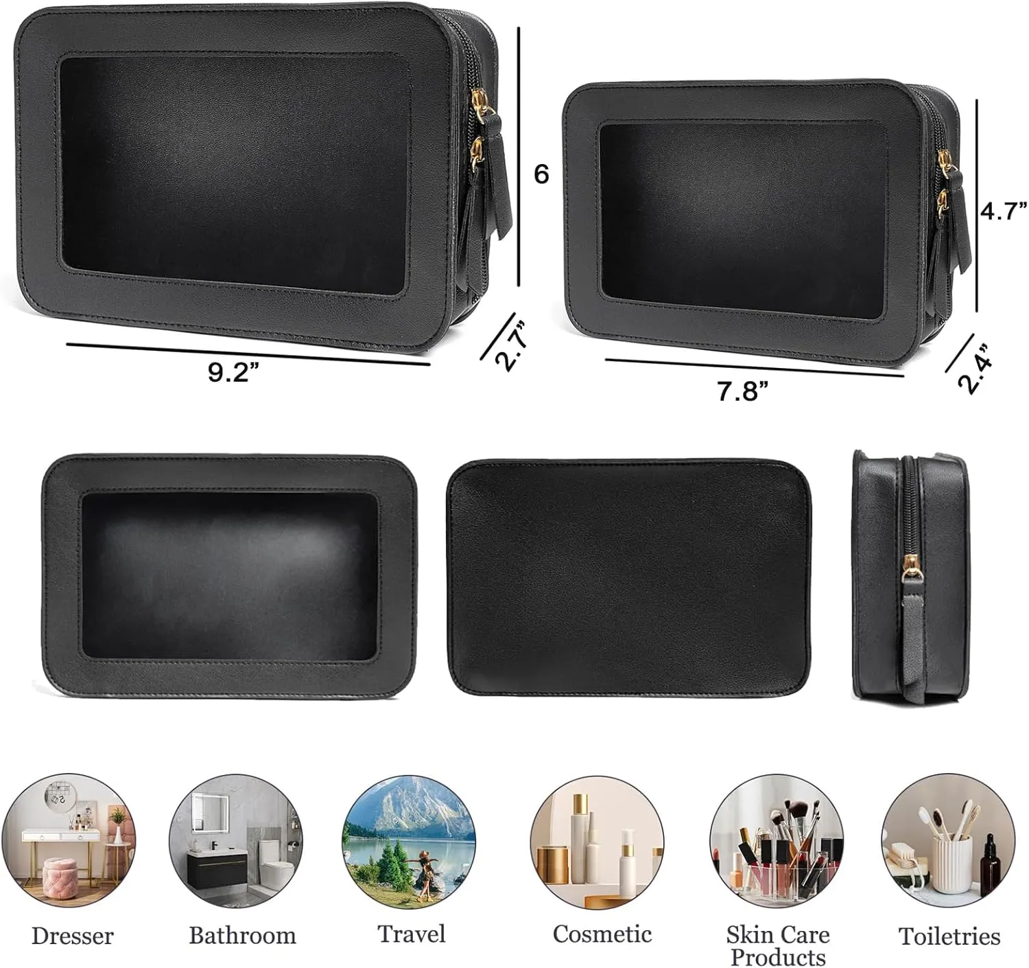 Multipurpose Travel Toiletry Bag - Clear Cosmetic Organizer with Zipper, Fit Carry-on Essentials - 2 Pack (BLACK)
