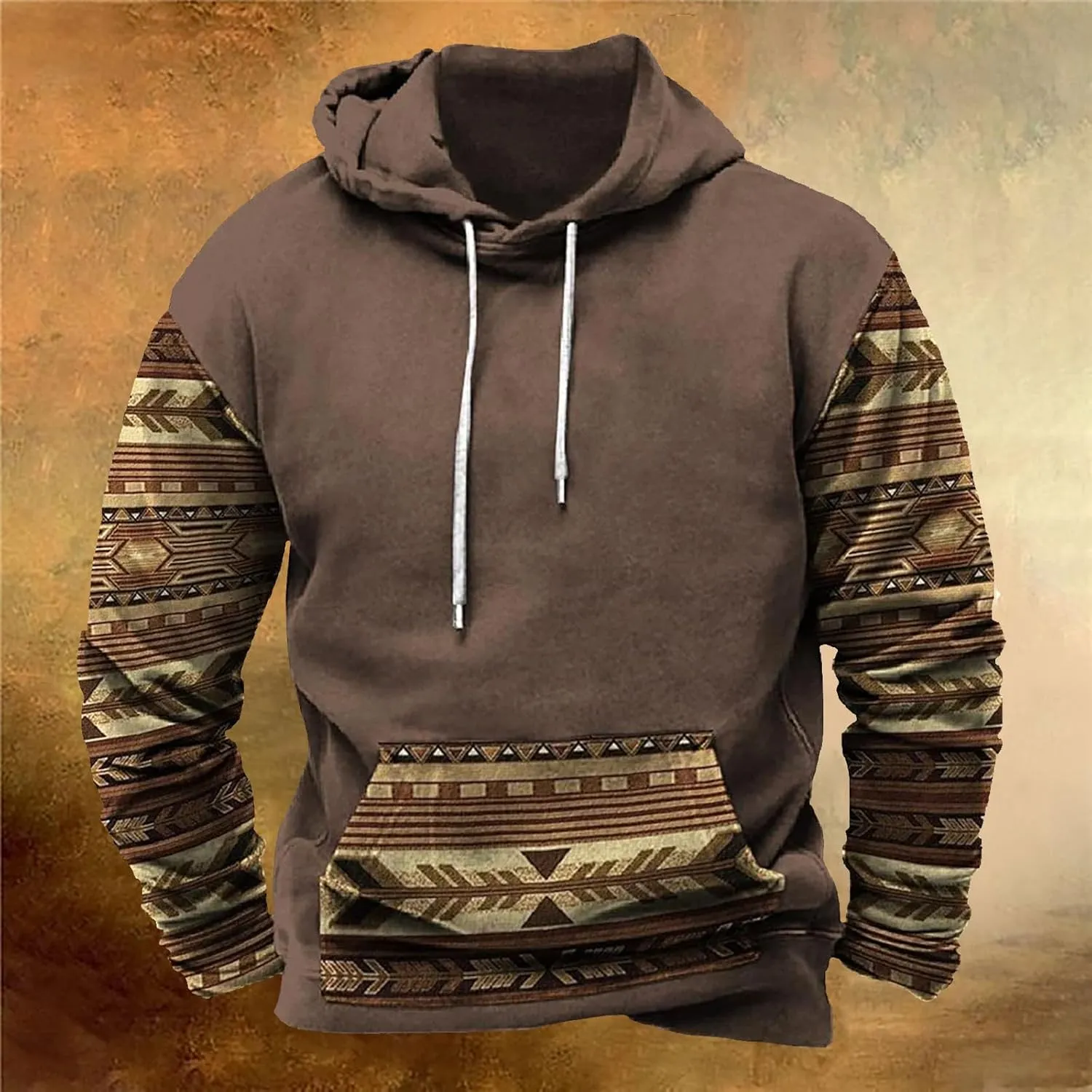 Muscularfit Hoodies for Men Fashion Drawstring Aztec Ethnic Print Hooded Sweatshirts Casual Long Sleeve 4th Of July Shirts