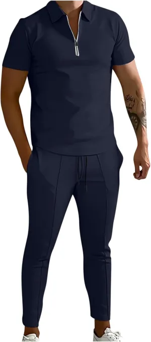 Muscularfit Men's 2 Piece Outfits Casual Long Sleeve Quarter Zip Pullover Shirts Drawstring Running Sports Pants Tracksuit