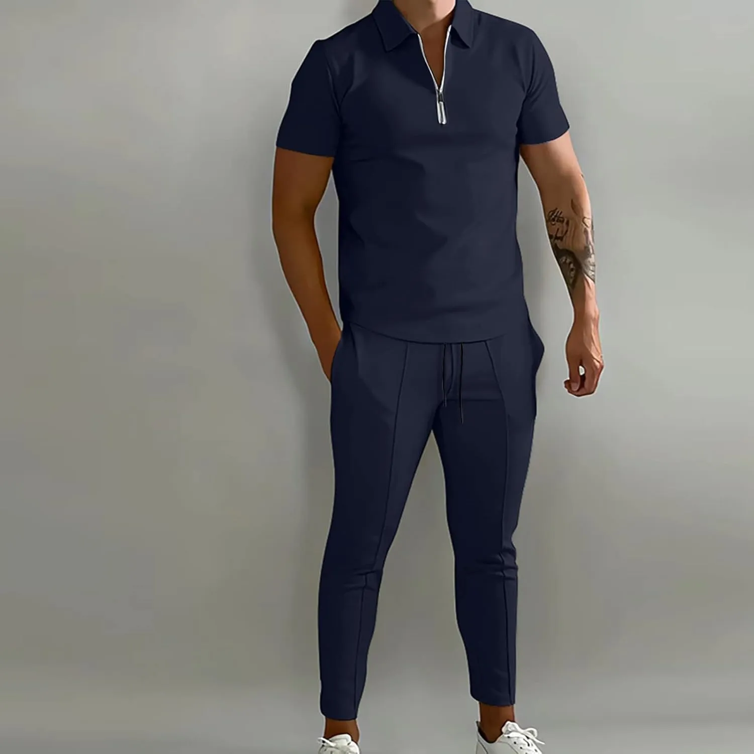 Muscularfit Men's 2 Piece Outfits Casual Long Sleeve Quarter Zip Pullover Shirts Drawstring Running Sports Pants Tracksuit