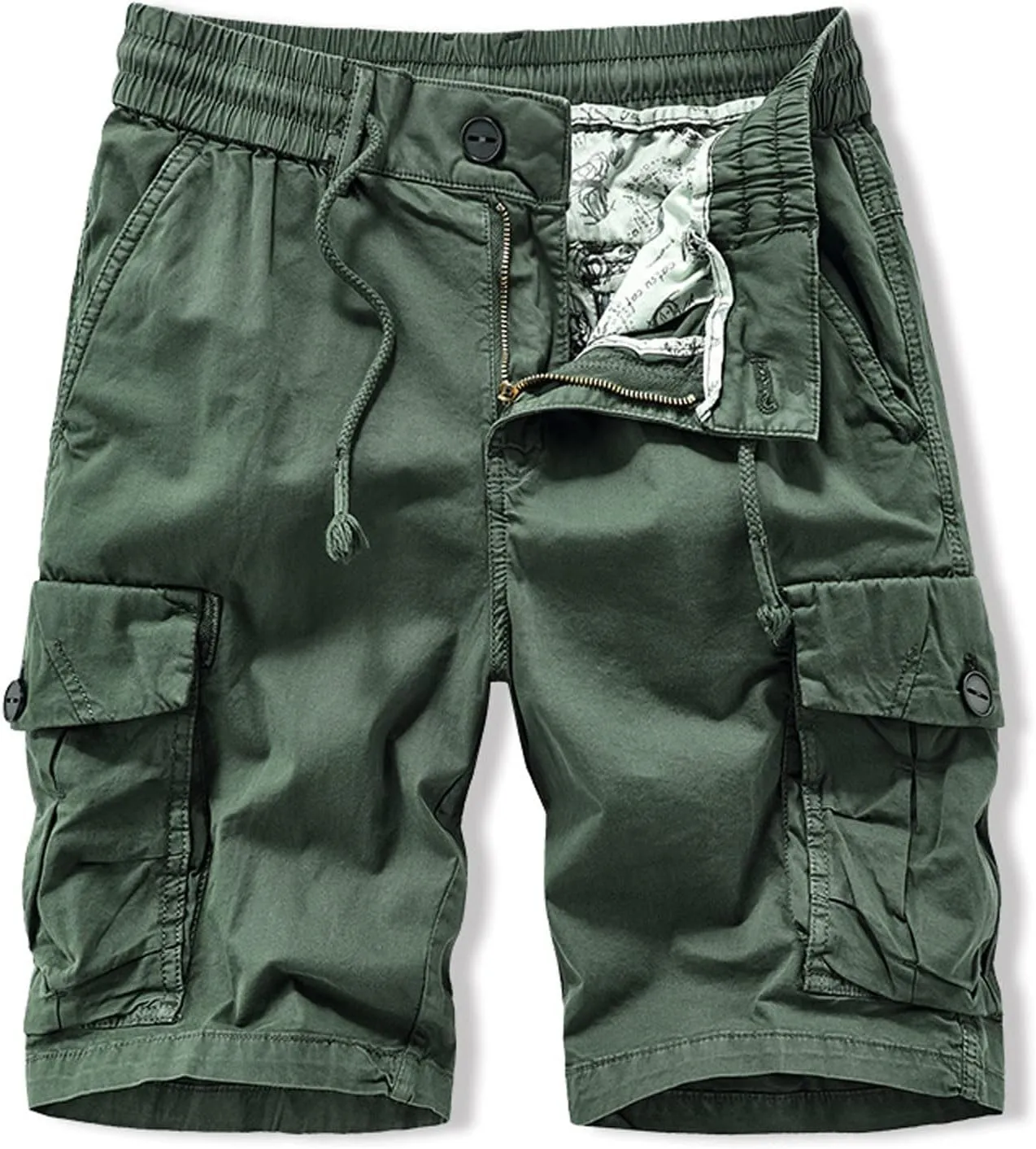 Muscularfit Mens Shorts 5 Inch Elastic Waist Drawstring Cargo Shorts Multi Pockets Regular Fit Buckle Zipper Utility Shorts