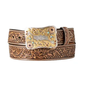 N320005648 Nocona Women's Floral Embossed Belt w/ Scalloped Belt Buckle