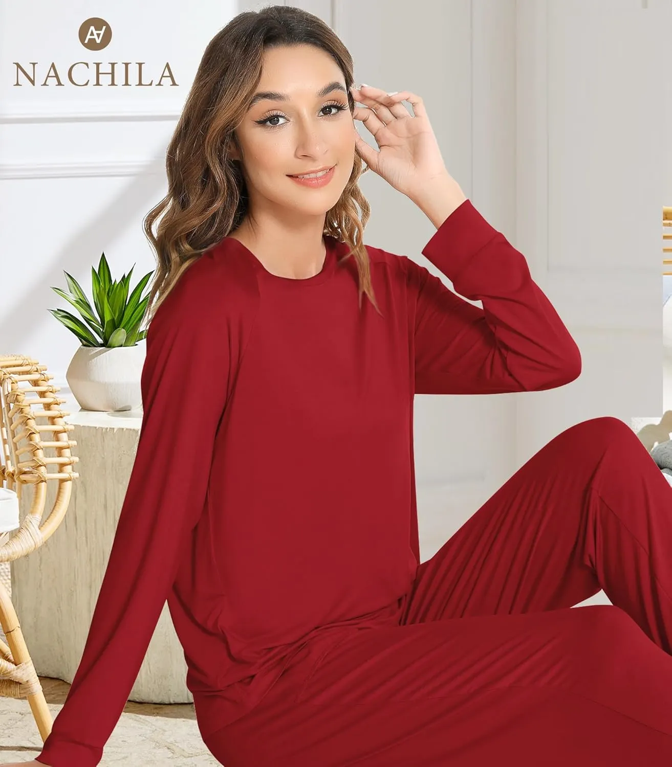 NACHILA Pajamas for Women-Viscose Made from Bamboo,Long Sleeve Pajama Sets Crew Neck Pj with Joggers Comfy Loungewear