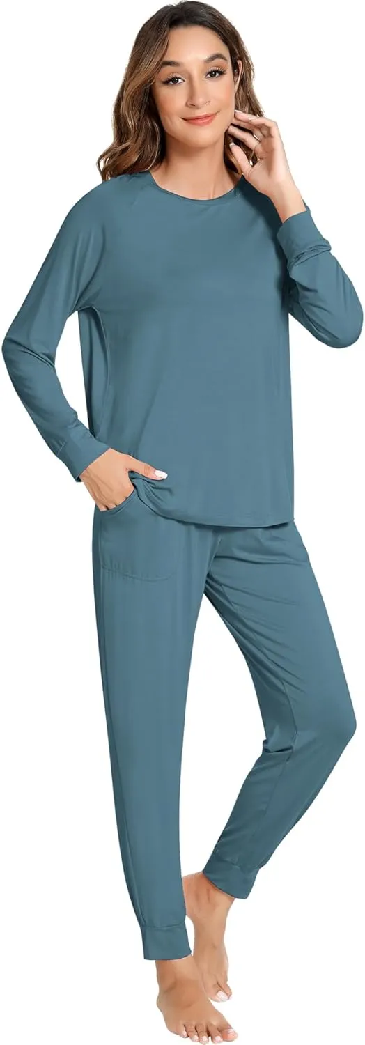 NACHILA Pajamas for Women-Viscose Made from Bamboo,Long Sleeve Pajama Sets Crew Neck Pj with Joggers Comfy Loungewear