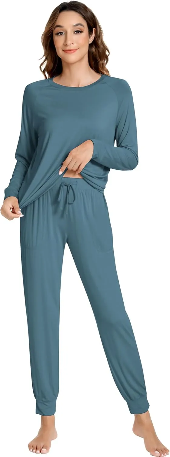 NACHILA Pajamas for Women-Viscose Made from Bamboo,Long Sleeve Pajama Sets Crew Neck Pj with Joggers Comfy Loungewear