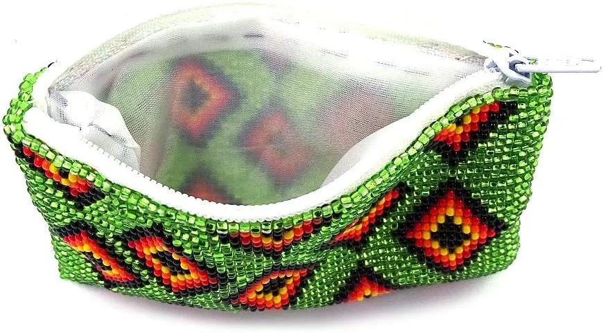 Native American Inspired Multi Diamond Pattern Czech Glass Seed Beaded Coin Purse Zipper Pouch - Womens Fashion Handmade Bags Tribal Accessories (Lime Green)