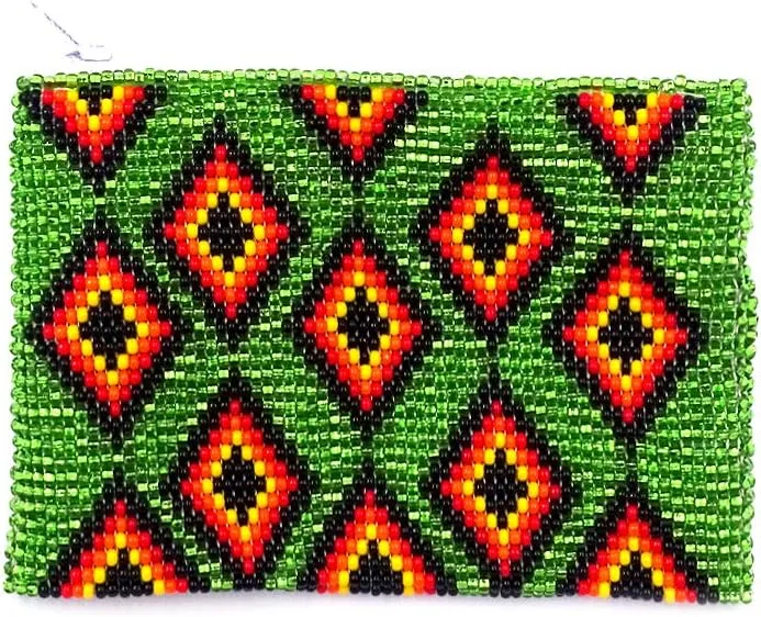 Native American Inspired Multi Diamond Pattern Czech Glass Seed Beaded Coin Purse Zipper Pouch - Womens Fashion Handmade Bags Tribal Accessories (Lime Green)