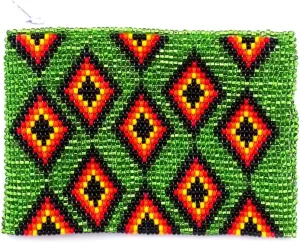 Native American Inspired Multi Diamond Pattern Czech Glass Seed Beaded Coin Purse Zipper Pouch - Womens Fashion Handmade Bags Tribal Accessories (Lime Green)