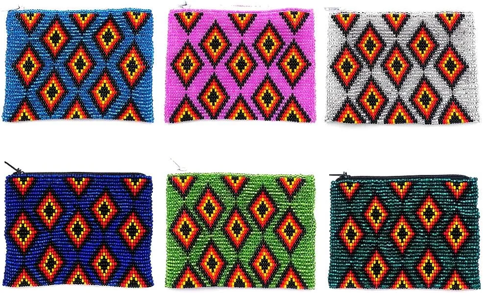 Native American Inspired Multi Diamond Pattern Czech Glass Seed Beaded Coin Purse Zipper Pouch - Womens Fashion Handmade Bags Tribal Accessories (Lime Green)