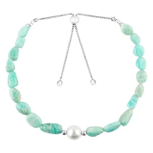 Natural Amazonite Gemstones Bolo Bracelet with Cultured Pearl Beads Stone, Handmade Jewelry, Chakra Healing Crystals, Silver Plated Chain 10inch, Gift for Women